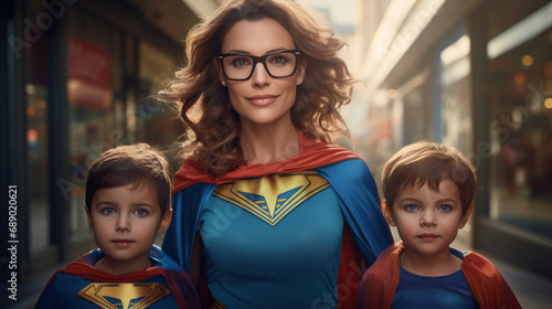 A superhero mother with two children dressed in superhero costumes, exemplifying female superpowers, generative AI © Olha