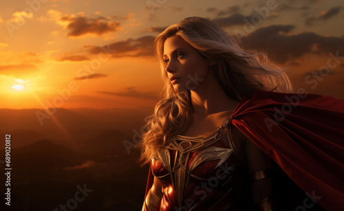 A powerful female superhero  donning a red cape  symbolizing the strength and fortitude of women  generative AI