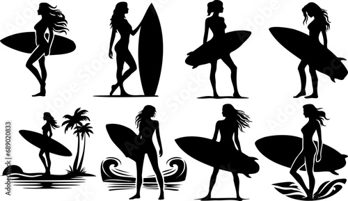 Female Surfer And Surfboard Silhouette In Different Poses