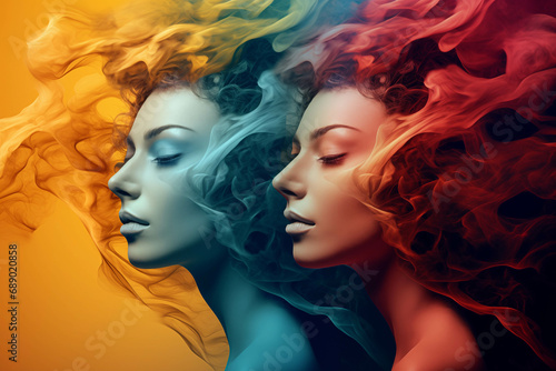 Two Women With Smoke Coming Out of Their Faces Created With Generative AI Technology Generative AI. Created with generative AI technology