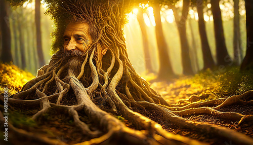 Old twisted roots coming out of the ground, transforming into the face of an old man with a beard and mustache and a large tree. In the background a landscape with a forest at sunrise or sunset.