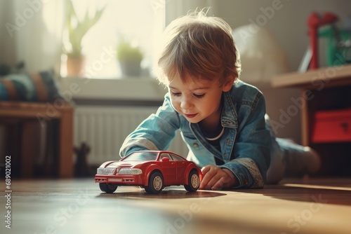 Cute little child boy playing with red big car toy sitting on the floor in his play room