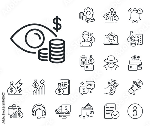 Financial eye sign. Cash money, loan and mortgage outline icons. Business vision accounting line icon. Money investment symbol. Business vision line sign. Credit card, crypto wallet icon. Vector