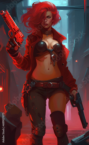 hot sexy cyberpunk girl in red clothes