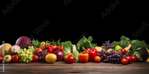 Healthy eating concept with a variety of fresh fruits and vegetables on a wooden table