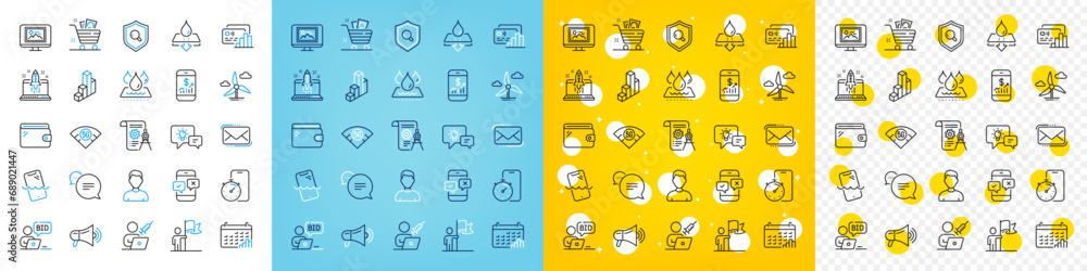 Vector icons set of Headshot, Timer app and Smartphone waterproof line icons pack for web with Online auction, Inspect, Messenger mail outline icon. Card, Megaphone, Divider document pictogram. Vector