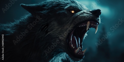 Intense close-up of a werewolf snarling, with a full moon in the background