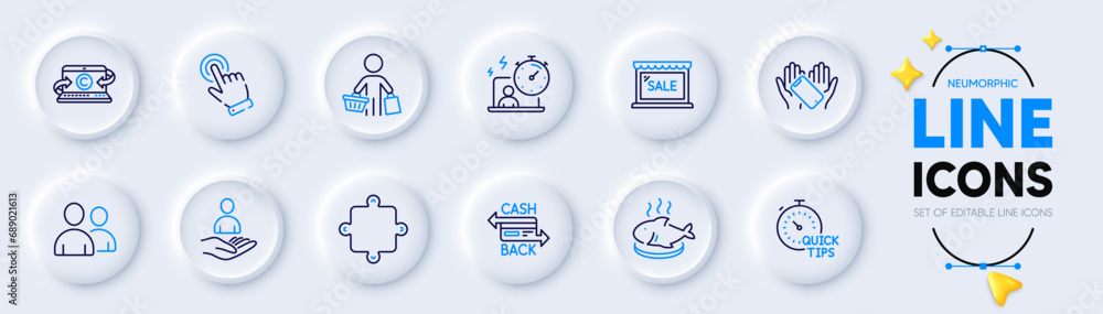 Users, Recruitment and Smartphone holding line icons for web app. Pack of Cursor, Copywriting notebook, Fish dish pictogram icons. Sale, Timer, Quick tips signs. Cashback card, Buyer, Puzzle. Vector