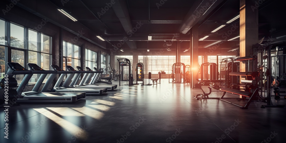 Modern gym interior with state-of-the-art equipment, bright lighting, and ample copy space for text
