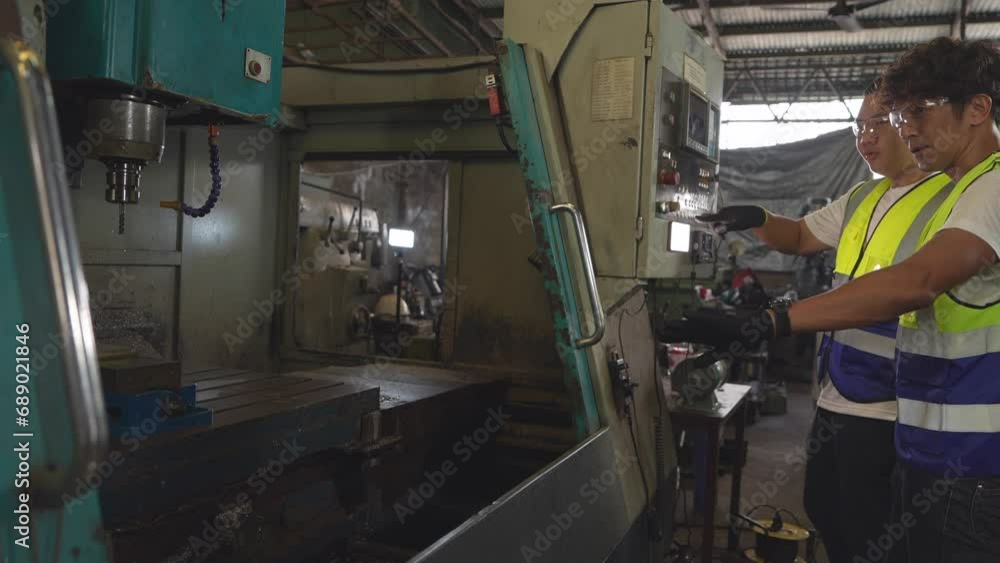 Men are inspecting steel parts for machine installation. team of teacher and student are learning to use heavy machines in steel factory. workers cooperate while doing quality control of manufactured. Men are inspecting steel parts for machine installation. team of teacher and student are learning to use heavy machines in steel factory. workers cooperate while doing quality control of manufactured.