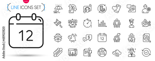 Pack of Annual calendar, Support consultant and Translation service line icons. Include Survey results, Packing boxes, Security confirmed pictogram icons. Clipboard, Group, Friendship signs. Vector