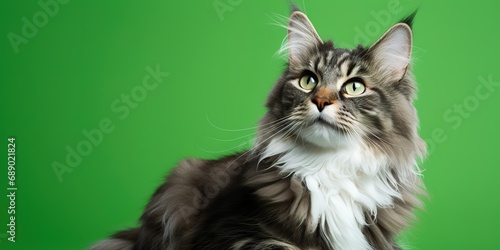 Playful fluffy cat character with a mischievous smirk, on a bright green studio background