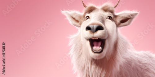 Playful fluffy reindeer character winking, against a soft pink studio backdrop