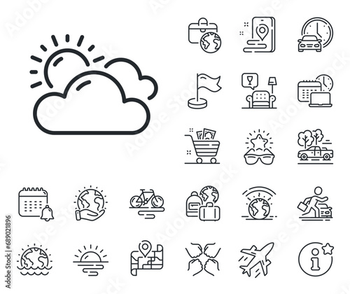 Clouds with sun sign. Plane jet, travel map and baggage claim outline icons. Sunny weather forecast line icon. Cloudy sky symbol. Sunny weather line sign. Car rental, taxi transport icon. Vector