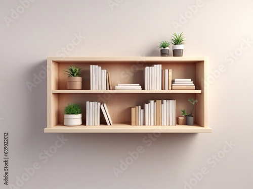 Realistic colorful shelf with blank book vector illustration. wooden bookshelf mockup with gradient background. © Absolute Graphic