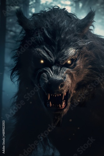 Portrait of a fierce werewolf with glowing eyes in a dark, misty forest setting © EOL STUDIOS