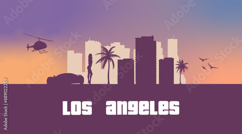 Los Angeles skyline. California City Landscape. Malibu beach, skyscrappers, buildings. USA silhouette graphic. American vibes. Sunset boulevard. Retro 80's illustration. Street aesthetic. photo