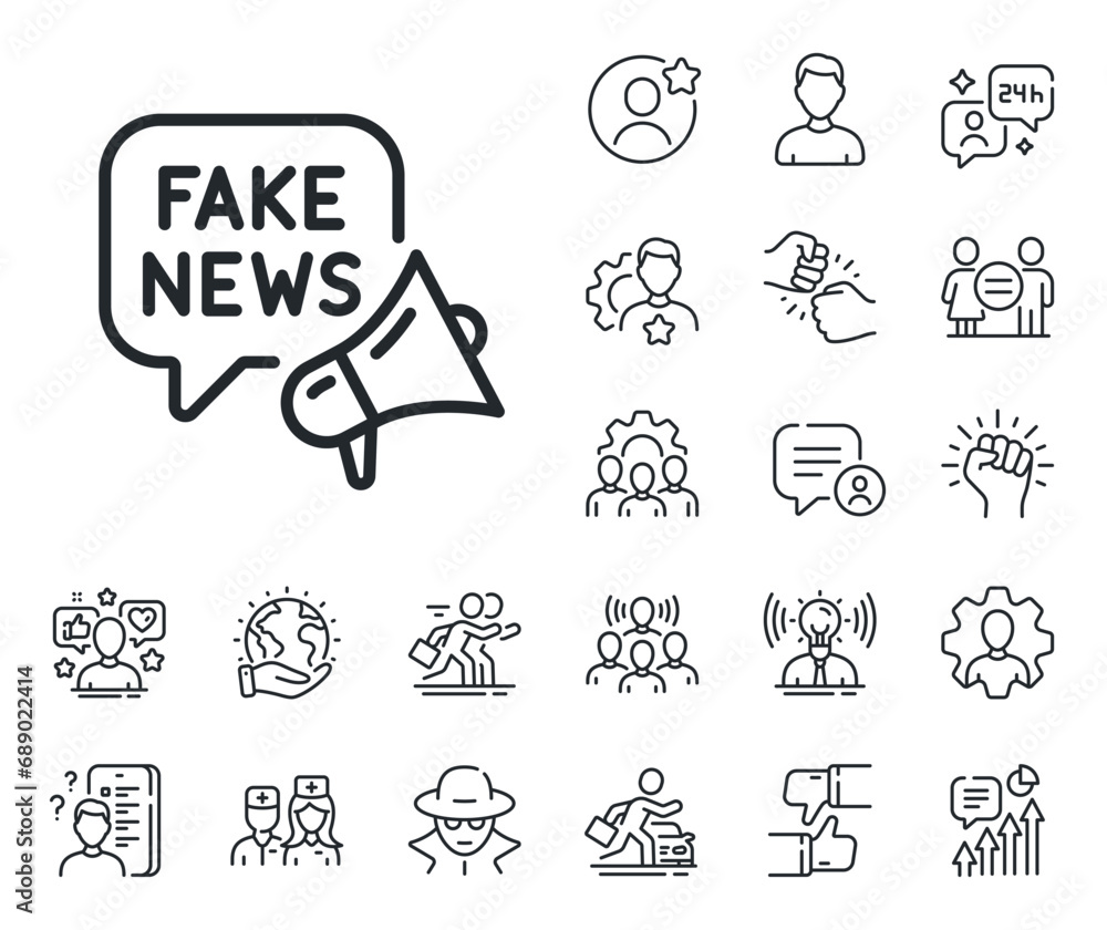 Propaganda conspiracy chat sign. Specialist, doctor and job competition outline icons. Fake news line icon. Wrong truth megaphone symbol. Fake news line sign. Vector