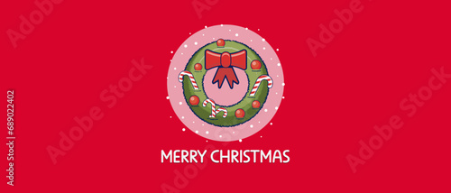 Christmas and New Year flat design greeting card. Christmas Banner. Christmas tree, Christmas wreath, and Santa. Vector flat illustration.