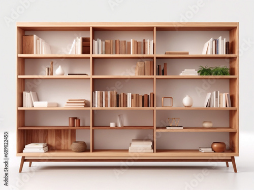 Bookshelf mockup with gradient background. colorful modern wooden shelf with book illustration. 