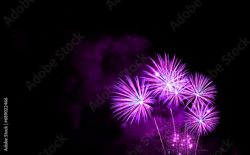 Spectacular purple colored fireworks exploding into the night sky