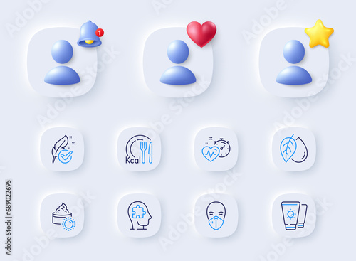 Mineral oil, Cardio training and Sun cream line icons. Placeholder with 3d bell, star, heart. Pack of Medical mask, Sunscreen, Calories icon. Hypoallergenic tested, Mental conundrum pictogram. Vector