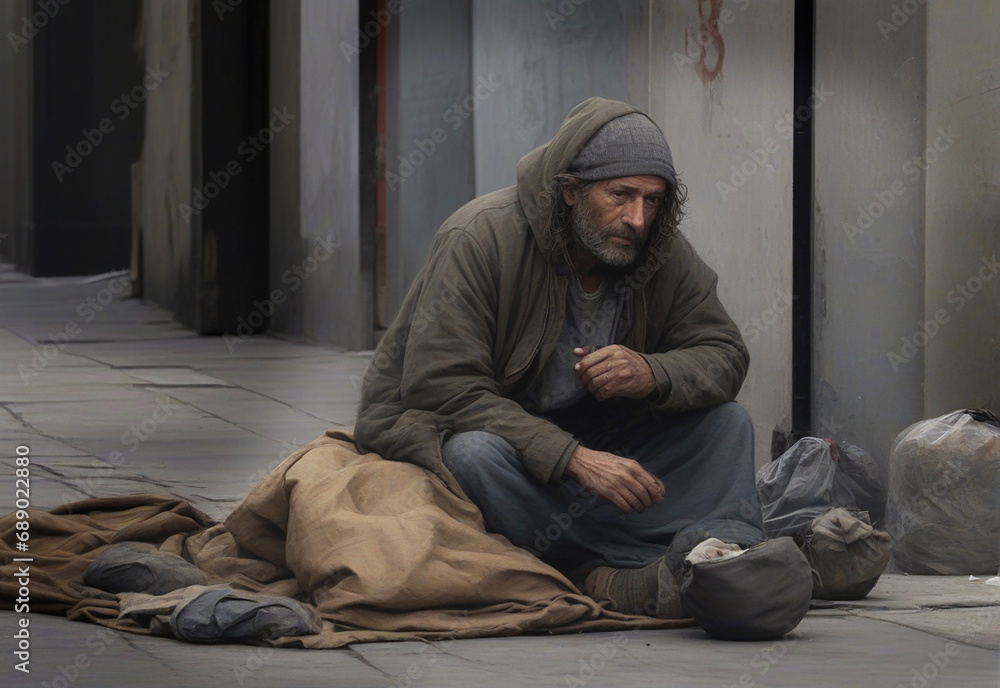 Fototapeta premium Homeless man sitting on street