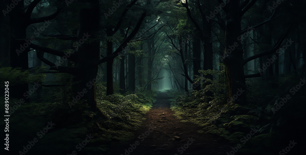 Naklejka premium forest in the night, dark forest in the night, dark woods with path leading through, 
