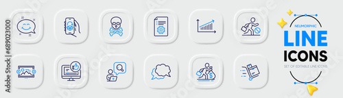 Like video, Image carousel and Inventory cart line icons for web app. Pack of Inspect, Salary, Jobless pictogram icons. Chart, Delivery app, Technical documentation signs. Neumorphic buttons. Vector