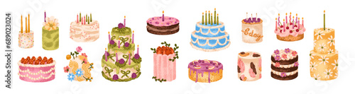 Birthday cakes designs set. Sweet holiday desserts with party candles, cream, berries, flowers, decorations. Modern confectionery. Flat graphic vector illustrations isolated on white background