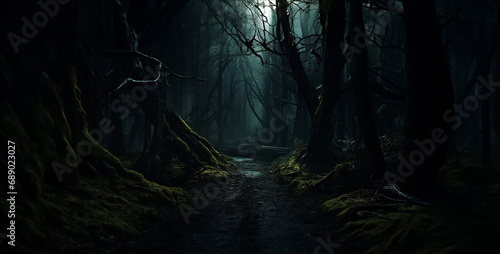 dark forest in the fog  forest in the night  dark forest in the night  dark woods with path leading through  