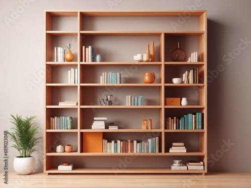 Bookshelf mockup with gradient background. colorful modern wooden shelf with book illustration.   © Absolute Graphic