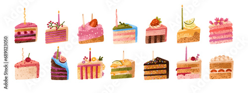 Birthday cake pieces, cut slices. Holiday desserts portions set. Sweet party food. Tasty pastry with candles, decorations, cream. Colored flat vector illustrations isolated on white background