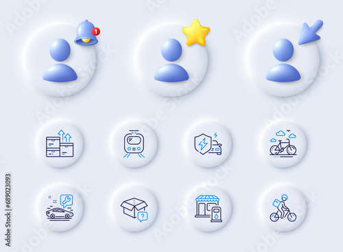 Delivery bike, Car service and Filling station line icons. Placeholder with 3d cursor, bell, star. Pack of Car charging, Secret package, Train icon. Wholesale goods, Bike rental pictogram. Vector
