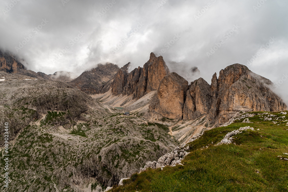 View from Mantel mountain peak above Rifugio Antermoia in the Dolomites View from Mantel mountain peak above Rifugio Antermoia in the Dolomites