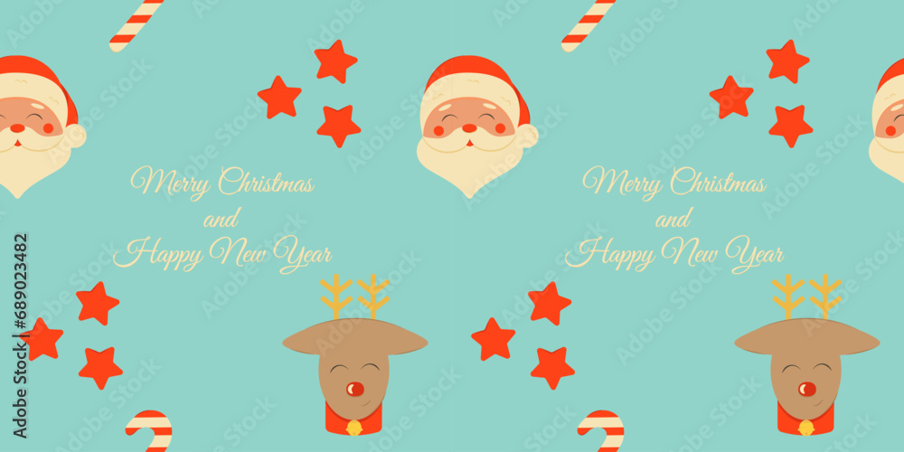 Fototapeta premium Seamless pattern with Christmas elements. Repeatable pattern design for winter holidays in retro style with wish. For wrapping paper, wallpaper, textile, poster background. Vector illustration.
