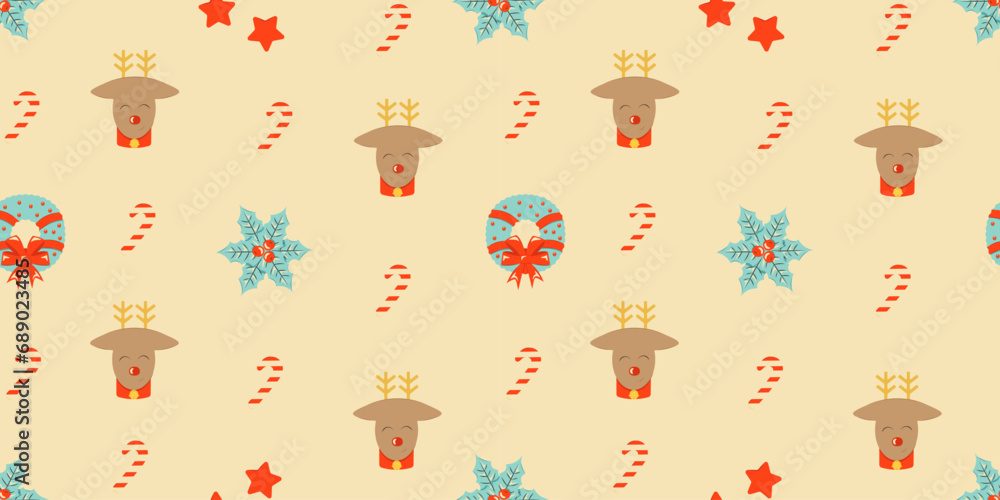 Seamless pattern with Christmas elements. Repeatable pattern design for winter holidays in retro style. For wrapping paper, wallpaper, textile, poster background. Vector illustration.