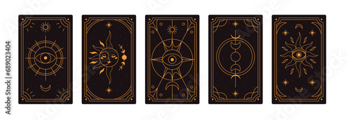 Tarot card backgrounds, back reverse side designs set. Magic esoteric ancient symbols. Mystic occult sacred celestial sun, star, moon. Flat graphic vector illustration isolated on white background