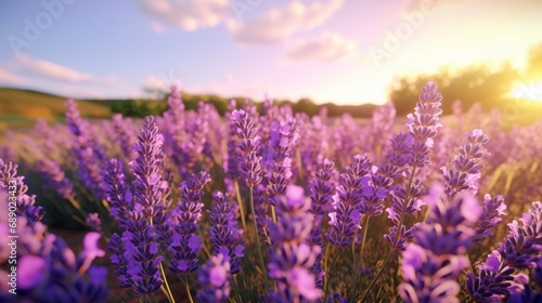 A vibrant field of lavender in full bloom  its fragrant purple blossoms swaying gently in the spring breeze.