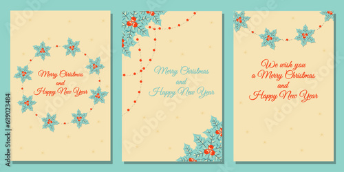 Set of Merry Christmas and Happy New Year posters and greeting cards in retro style with wish