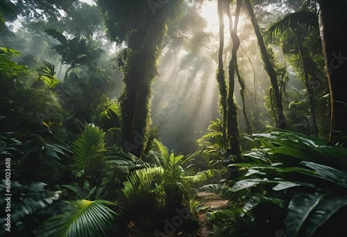 AI-generated illustration of a vibrant, tropical rainforest scene illuminated by a sunbeam photo