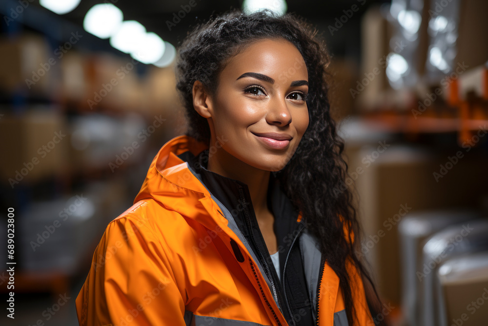 A radiant smile from an empowered worker in a warehouse A radiant smile from an empowered worker in a warehouse