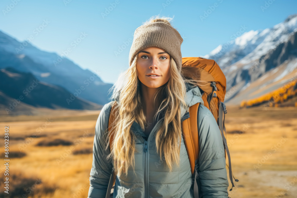 Naklejka premium A young hiker with a backpack gazes into the distance, ready for adventure