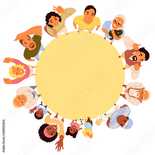 Happy people standing in circle looking up top view