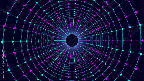 Abstract 3d portal. Circle tunnel or wormhole. Digital background with connected blue dots and lines. Vector illustration.