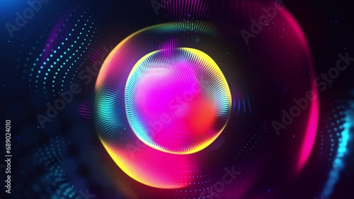 Kolorowa kula neonowego światła, abstrakcyjne piękna animowana zapętlona bryła złożona z kropek.  photo