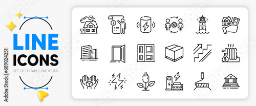 Power, Manual doc and Entrance line icons set for app include Buildings, Eco power, Hold box outline thin icon. Paint roller, Engineering team, Open door pictogram icon. Realtor. Vector