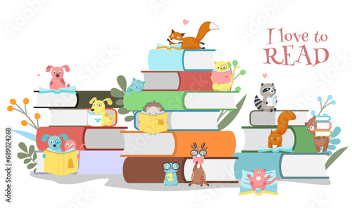 Love to read book festival poster with cute tiny animals and textbook stack