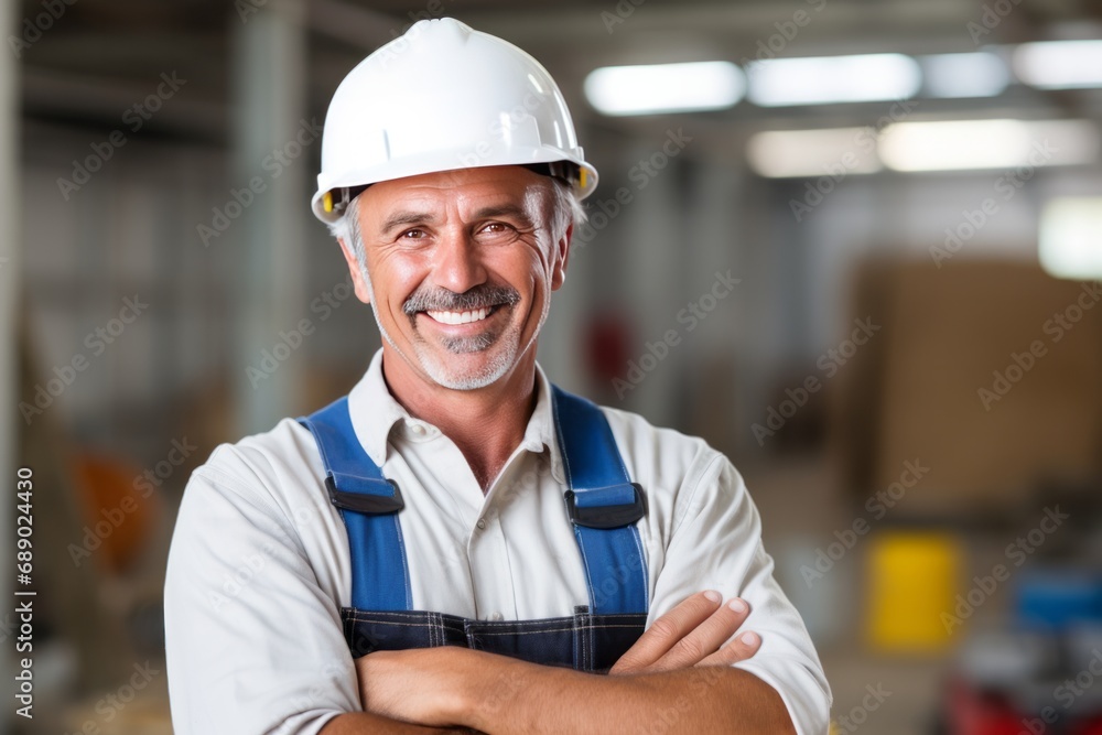 Mature happy handyman with hard hat. Worker in the plant Mature happy handyman with hard hat. Worker in the plant