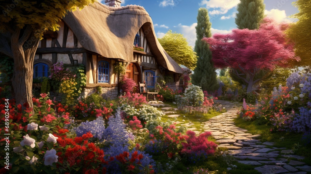 A charming cottage garden bursting with blossoms of every hue, a riot of color in the heart of spring.